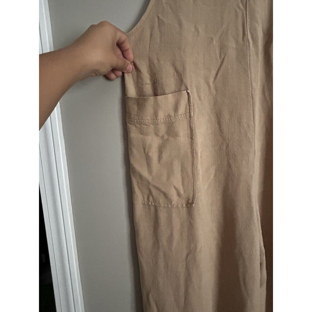 Women’s Linen Blend Wide Leg Jumpsuit Overalls Tan Beige Pockets Casual Size S - Picture 3 of 7